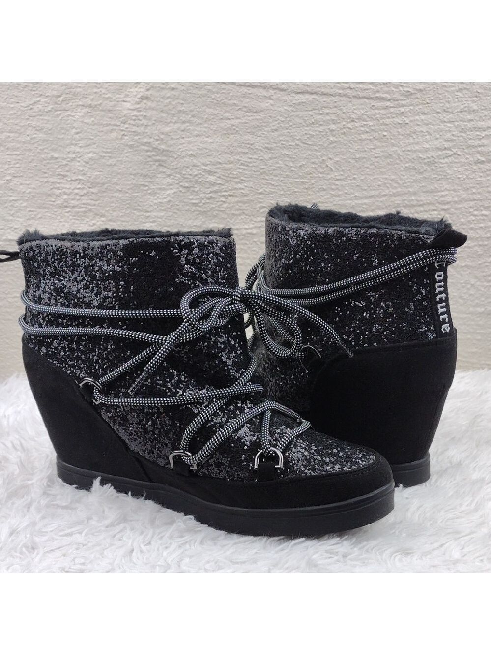 Juicy Couture Mareen Black Faux Suede Embellished Lace Up Wedged Heel Ankle Boot